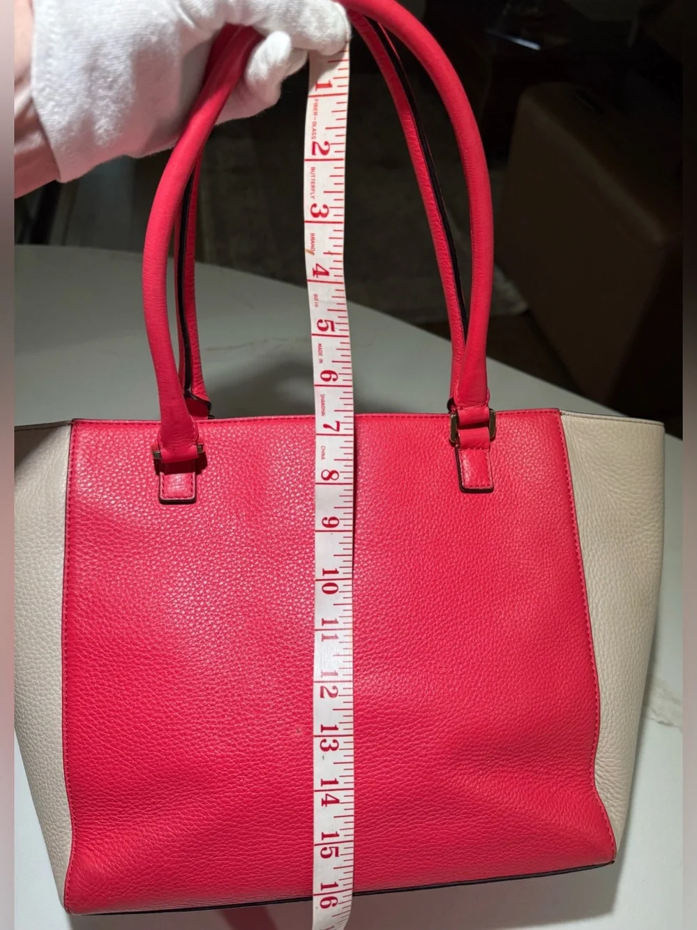 KATE SPADE Leather Envelope Zipper Top Shoulder Tote Bright Pink Beige